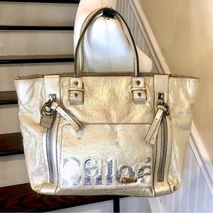 CHLOE Eclipse Oversized Ivory Silver Gold Tote Shoulder Bag Exterior Zip Pockets